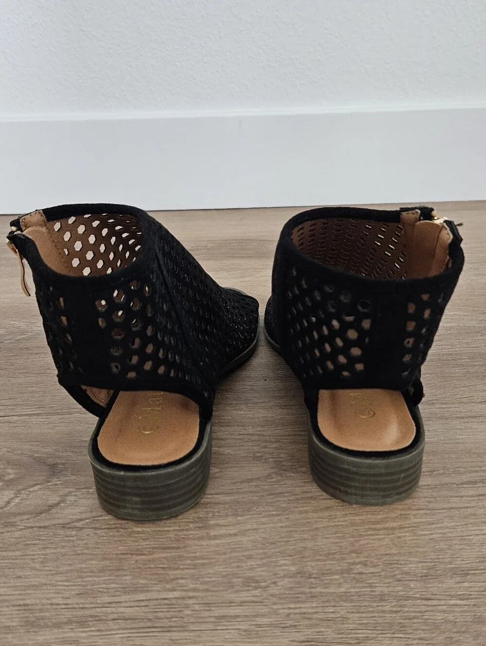Mata Black Pinhole Peep-Toe Zip Sandals Size 7.5